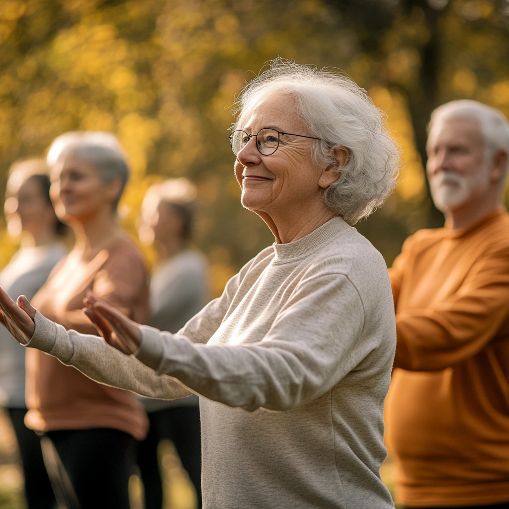Група пенсіонерів займається на свіжому повітрі